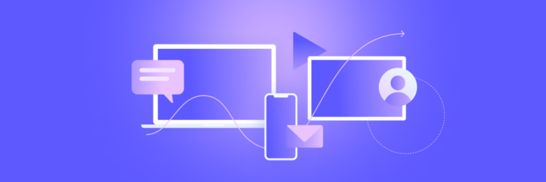 Graphic depicting data transfer between devices, featuring a computer, smartphone, and tablet connected by arrows and lines on a purple background.